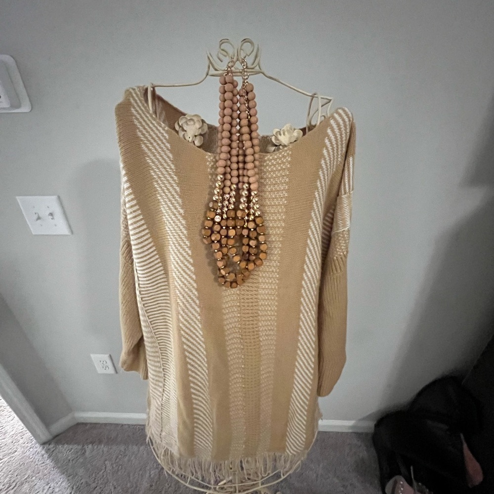 Chico's Tan and Cream Striped Sweater Poncho with Fringe Size 2 XL - Picture 3 of 7